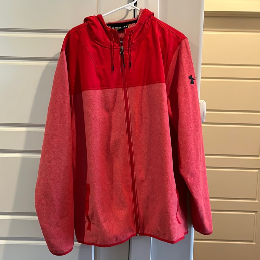 Men's full zip Red gently used Under Armour jacket with drawstring hood